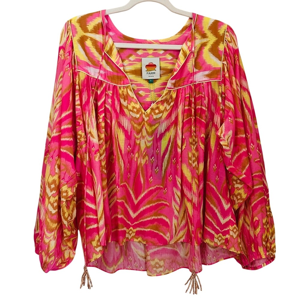 Farm Rio Size S Pineapple Tapestry Pink Blouse Ikat Beaded Tassels Popover NWT